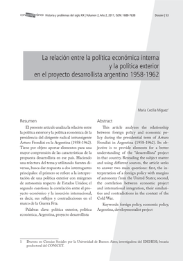La Relación Entre La Política Económica Interna Y La Política Exterior En El Proyecto Desarrollista Argentino 1958-1962