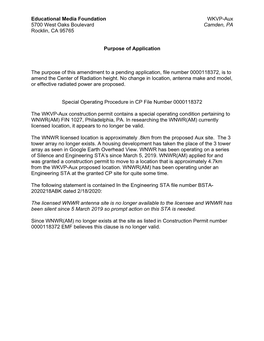 Educational Media Foundation WKVP-Aux 5700 West Oaks Boulevard Camden, PA Rocklin, CA 95765 Purpose of Application the Purpose O