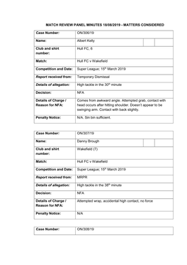 Match Review Panel Minutes 18/08/2019 - Matters Considered