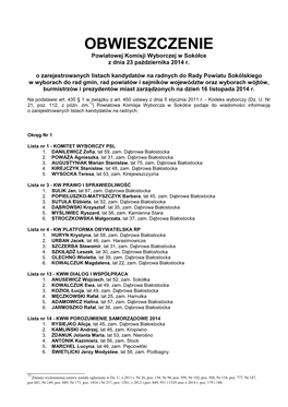 OBWIESZCZENIE Powiatowej Komisji Wyborczej W Sokółce Z Dnia 23 Pa Ździernika 2014 R