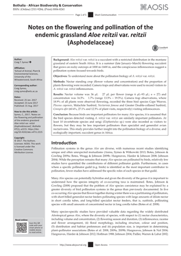 Notes on the Flowering and Pollination of the Endemic Grassland Aloe Reitzii Var