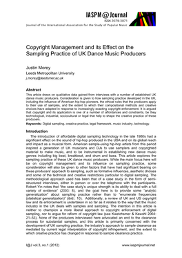 Copyright Management and Its Effect on the Sampling Practice of UK Dance Music Producers
