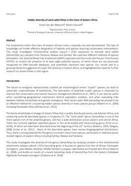 Hidden Diversity of Sand Catlet Fishes in the Rivers of Eastern Africa Victor Van Der Meersch1, Martin Genner2