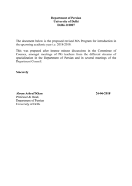 Department of Persian University of Delhi Delhi-110007 the Document Below Is the Proposed Revised MA Program for Introduction In