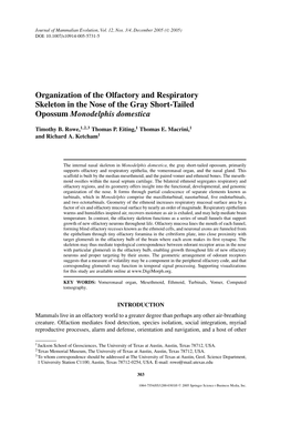 Organization of the Olfactory and Respiratory Skeleton in the Nose of the Gray Short-Tailed Opossum Monodelphis Domestica