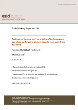 ESID Working Paper No. 124 Political Settlement and the Politics Of