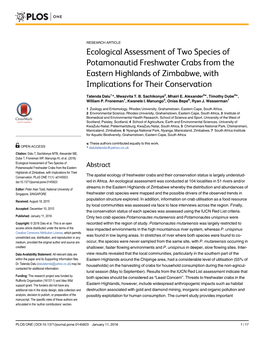 Ecological Assessment of Two Species of Potamonautid Freshwater Crabs from the Eastern Highlands of Zimbabwe, with Implications for Their Conservation