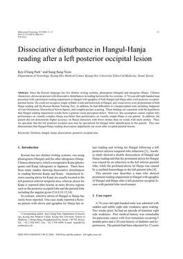 Dissociative Disturbance in Hangul-Hanja Reading After a Left Posterior Occipital Lesion