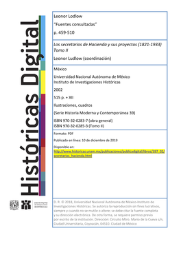 Los Secretarios De Hacienda Y Sus Proyectos (1821-1933) Tomo II Leonor Ludlow (Coordinación)