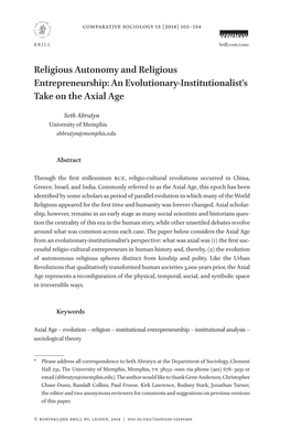 Religious Autonomy and Religious Entrepreneurship: an Evolutionary-Institutionalist’S Take on the Axial Age