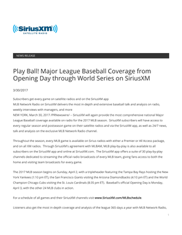 Major League Baseball Coverage from Opening Day Through World Series on Siriusxm