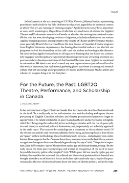 LGBT2Q Theatre, Performance, and Scholarship in Canada