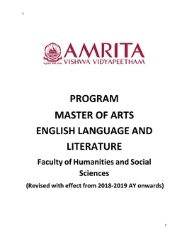 PROGRAM MASTER of ARTS ENGLISH LANGUAGE and LITERATURE Faculty of Humanities and Social Sciences (Revised with Effect from 2018-2019 AY Onwards)