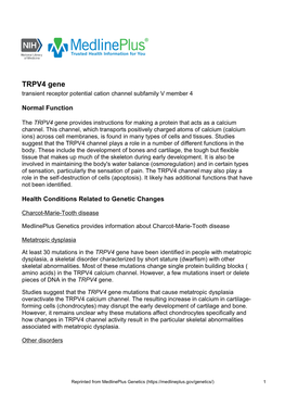 TRPV4 Gene Transient Receptor Potential Cation Channel Subfamily V Member 4