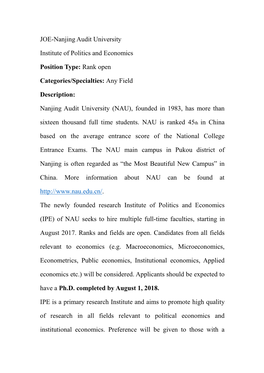 JOE-Nanjing Audit University Institute of Politics and Economics Position