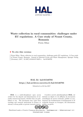 Waste Collection in Rural Communities: Challenges Under EU Regulations. a Case Study of Neamt County, Romania Florin Mihai