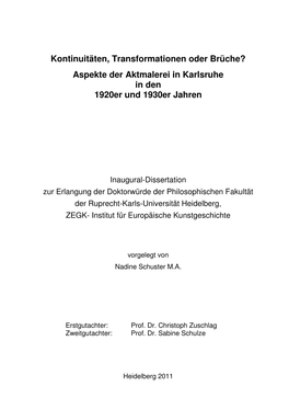 Aspekte Der Aktmalerei in Karlsruhe in Den 1920Er Und 1930Er Jahren