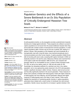 Population Genetics and the Effects of a Severe Bottleneck in an Ex Situ Population of Critically Endangered Hawaiian Tree Snails