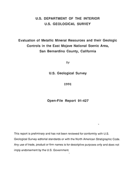 Evaluation of Metallic Mineral Resources and Their Geologic Controls in the East Mojave National Scenic Area, San Bernardino County, California