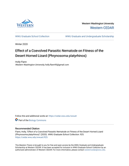 Effect of a Coevolved Parasitic Nematode on Fitness of the Desert Horned Lizard (Phrynosoma Platyrhinos)