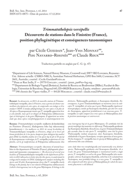 Trimmatothelopsis Versipellis Découverte De Stations Dans Le Finistère (France), Position Phylogénétique Et Conséquences Taxonomiques