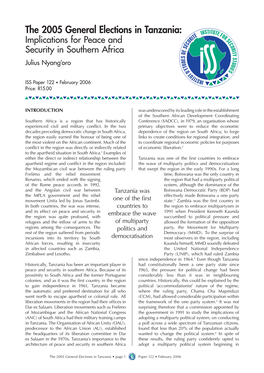 The 2005 General Elections in Tanzania: Implications for Peace and Security in Southern Africa Julius Nyang’Oro