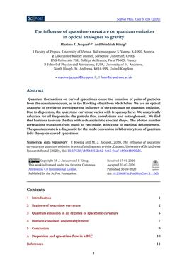 The Influence of Spacetime Curvature on Quantum Emission in Optical Analogues to Gravity Abstract Contents