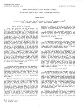 Mineral Resource Potential of the Mokelumne Wilderness and Contiguous Roadless Areas, Central Sierra Nevada, California