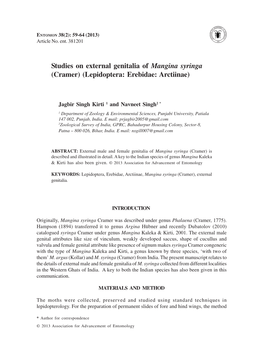 Studies on External Genitalia of Mangina Syringa (Cramer) (Lepidoptera: Erebidae: Arctiinae)