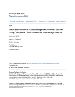 Rpos Gene Function Is a Disadvantage for Escherichia Coli BJ4 During Competitive Colonization of the Mouse Large Intestine