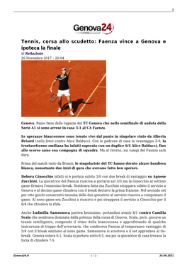 Tennis, Corsa Allo Scudetto: Faenza Vince a Genova E Ipoteca La Finale