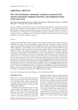 The Oral Microbiome Community Variations Associated with Normal, Potentially Malignant Disorders and Malignant Lesions of the Oral Cavity