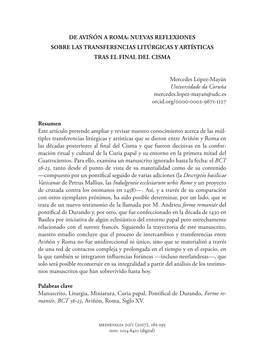 De Aviñón a Roma: Nuevas Reflexiones Sobre Las Transferencias Litúrgicas Y Artísticas Tras El Final Del Cisma