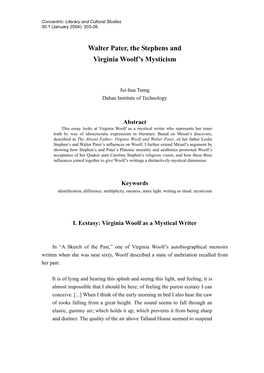 Walter Pater, the Stephens and Virginia Woolf's Mysticism