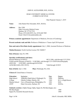 Curriculum Vitae: John H. Alexander, MD, Mhsc