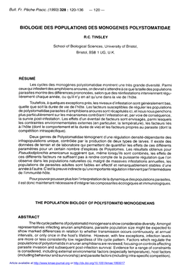 Biologie Des Populations Des Monogènes Polystomatidae