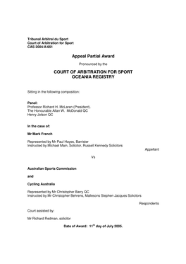 Tribunal Arbitral Du Sport Court of Arbitration for Sport CAS 2004/A/651