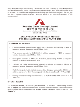 Ronshine China Holdings Limited 融信中國控股有限公司 (Incorporated in the Cayman Islands with Limited Liability) (Stock Code: 3301)