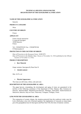 TECHNICAL SPECIFICATIONS for the REGISTRATION of the GEOGRAPHICAL INDICATION NAME of the GEOGRAPHICAL INDICATION Sancerre PRODUC