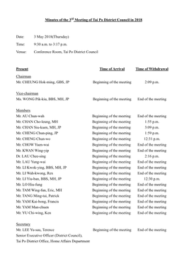 Minutes of the 3 Meeting of Tai Po District Council in 2018 Date: 3 May