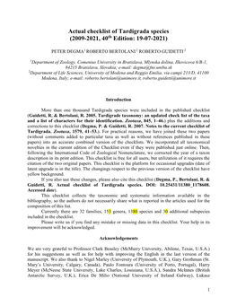 Actual Checklist of Tardigrada Species (2009-2021, 40Th Edition: 19-07-2021)