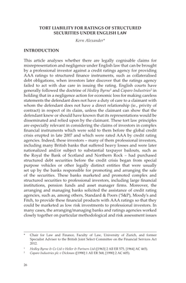 TORT LIABILITY for RATINGS of STRUCTURED SECURITIES UNDER ENGLISH LAW Kern Alexander*