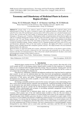 Taxonomy and Ethnobotany of Medicinal Plants in Eastern Region of Libya