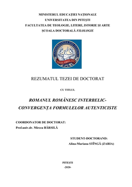 Rezumatul Tezei De Doctorat Romanul Românesc