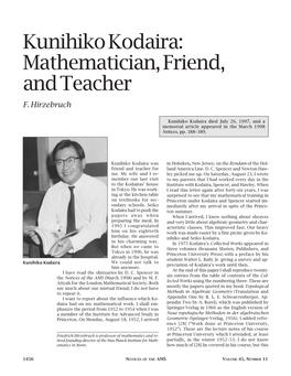 Kunihiko Kodaira: Mathematician, Friend, and Teacher F