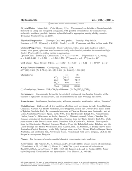 Hydrozincite Zn5(CO3)2(OH)6 C 2001-2005 Mineral Data Publishing, Version 1