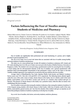 Factors Influencing the Fear of Needles Among Students of Medicine and Pharmacy