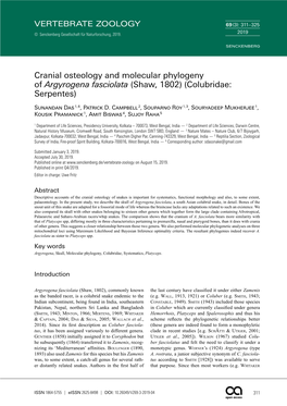 Cranial Osteology and Molecular Phylogeny of Argyrogena Fasciolata (Shaw, 1802) (Colubridae: Serpentes)