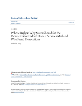 Why States Should Set the Parameters for Federal Honest Services Mail and Wire Fraud Prosecutions Michael K