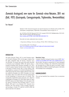 Eumetula Brattegardi, New Name for Eumetula Vitrea Høisæter, 2011 Not (Dall, 1927) (Gastropoda, Caenogastropoda, Triphoroidea, Newtoniellidae)